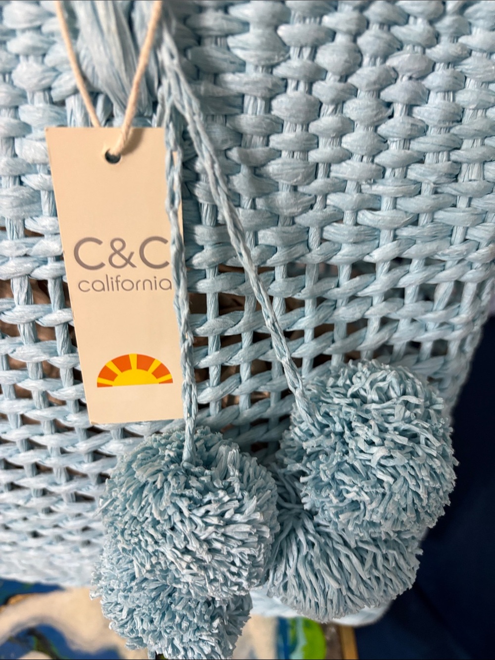 C&C California Pale Blue Woven Tote with Pom-Pom Charms - Picture 2 of 3
